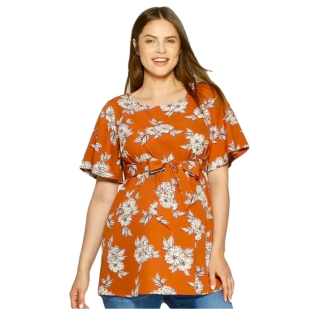 🚫SOLD🚫 Ingrid & Isabel Burnt Orange Floral Tunic Top w/ Back Tie, Medium NWOT
